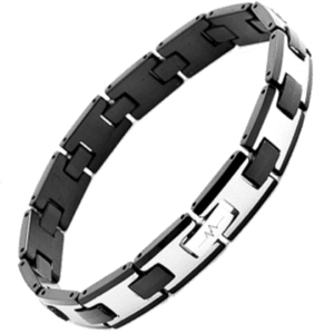 A black and white bracelet is shown on a green background.