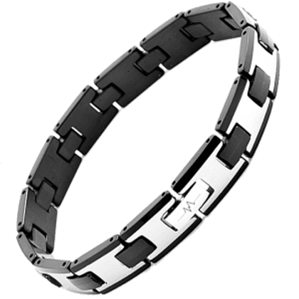 A black and white bracelet is shown on a green background.