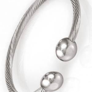 A silver bracelet with two balls on it.