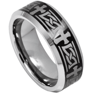 A silver and black ring with crosses on it