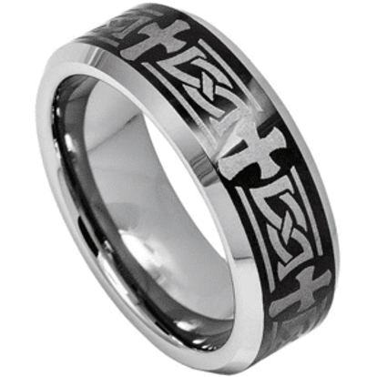 A silver and black ring with crosses on it