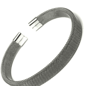 A silver bracelet with two metal bars on it.