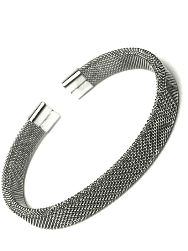 A silver bracelet with two metal bars on it.