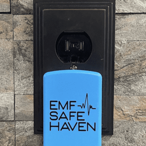 A blue device with the words emf safe haven written on it.