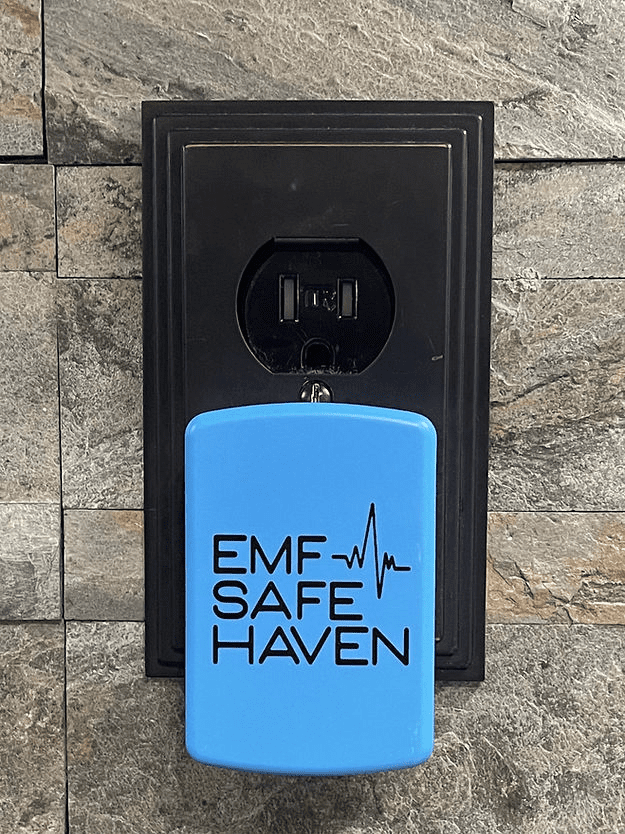 A blue device with the words emf safe haven written on it.