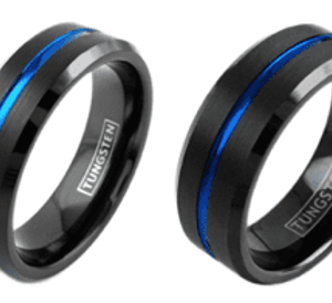 Two black and blue tungsten rings side by side.