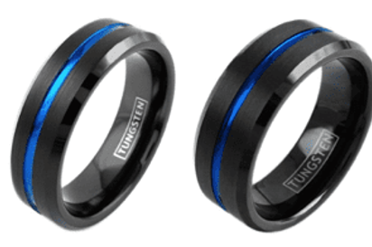 Two black and blue tungsten rings side by side.