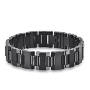 A black bracelet with a metal chain around it.