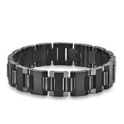 A black bracelet with a metal chain around it.