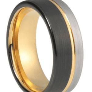 A black and gold tungsten ring with a brushed finish.