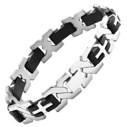 A chain link bracelet with black leather on it.