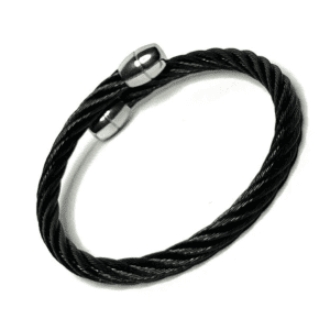 A black rope bracelet with an iron clasp.