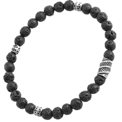 A black lava stone bead bracelet with silver accents.