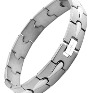 A silver bracelet with a puzzle pattern on it.