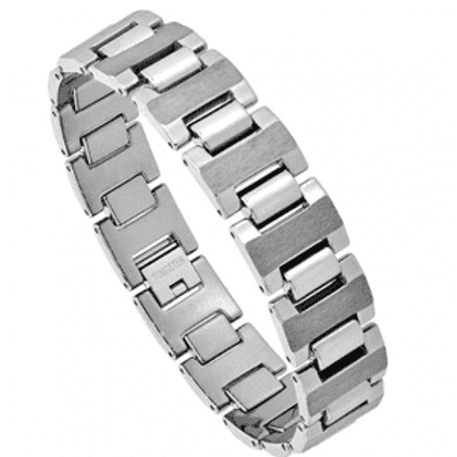 A silver bracelet with a metal link design.