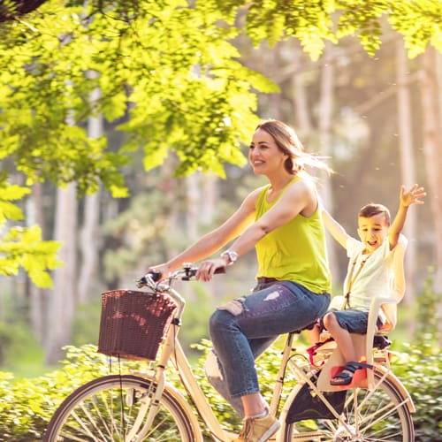 A woman and child riding bikes through the woods.